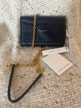 Marc Jacobs Black Pebbled Leather Crossbody Wallet with Gold Chain